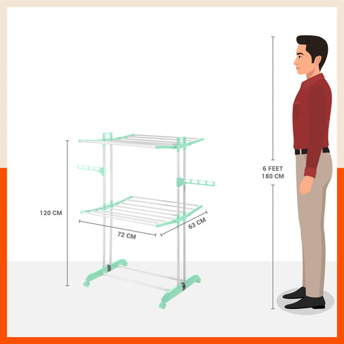 Bathla Mobidry Terra 2 Level Steel Modular Cloth Drying Stand For Home (Teal - Medium) Made in India